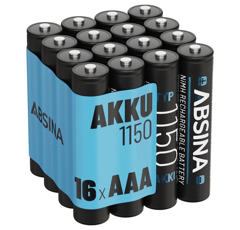 ABSINA Akku AAA Micro 1150 16er Pack - NiMH Wiederaufladbarer AAA Akku mit min. 1050mAh & 1,2V - Akkus AAA für Geräte mit hohem Stromverbrauch - AAA Akkus ideal für Telefon Akku 1050 mAh (1.2 V) von ABSINA