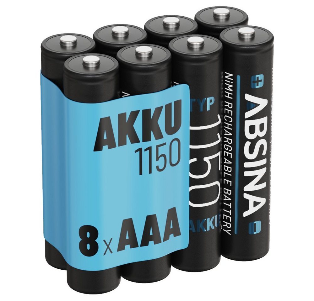 ABSINA Akku AAA Micro 1150 8er Pack - NiMH Wiederaufladbarer AAA Akku mit min. 1050mAh & 1,2V - Akkus AAA für Geräte mit hohem Stromverbrauch - AAA Akkus ideal für Telefon Akku 1050 mAh (1.2 V) von ABSINA