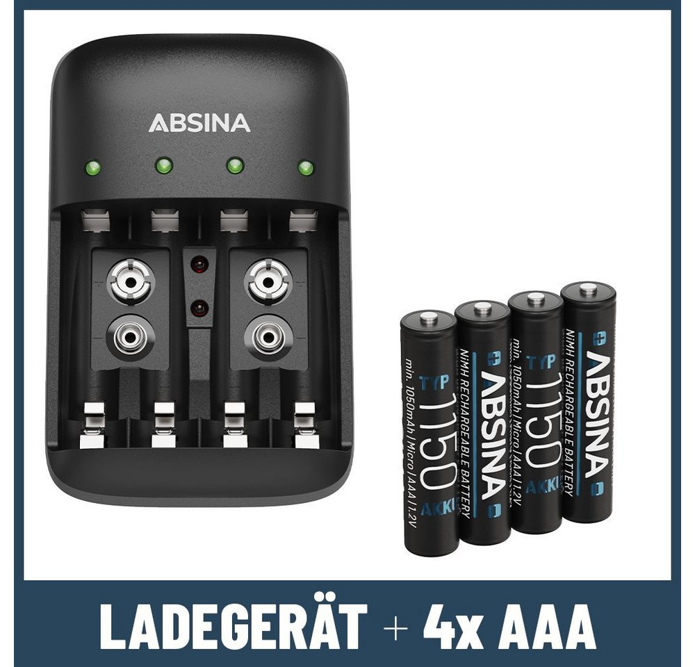 ABSINA Akku Ladegerät X4 für AA, AAA & 9V, Akkuladegerät inkl 4x AAA Akkus Rundzellen-Lader (1-tlg) von ABSINA