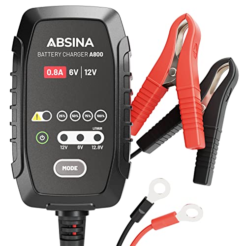 ABSINA Batterieladegerät Motorrad vollautomatisch - AGM Ladegerät 6V & 12V Blei Batterie bis 26Ah / 12,8V Lithium bis 15Ah - Roller & Motorrad Ladegerät mit 3,4m Kabel & 800mA - Batterie Ladegerät von ABSINA