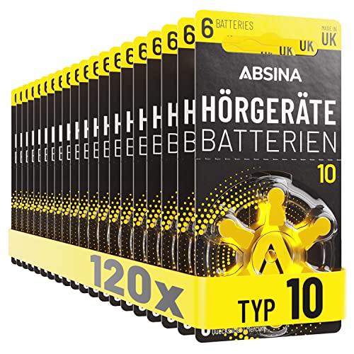 ABSINA Hörgerätebatterien 10 120 Stück mit gut greifbarer Schutzfolie - Hörgeräte Batterien 10 Zink Luft mit 1,45V - Typ 10 Batterien Hörgeräte Gelb - PR70 ZL4 P10 Hörgerätebatterien von ABSINA