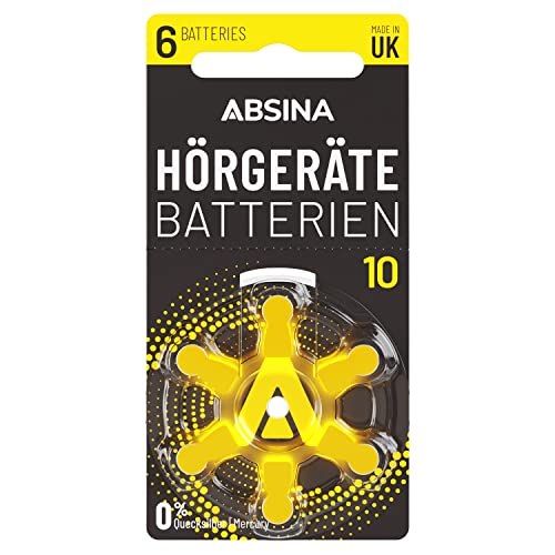 ABSINA Hörgerätebatterien 10 6 Stück mit gut greifbarer Schutzfolie - Hörgeräte Batterien 10 Zink Luft mit 1,45V - Typ 10 Batterien Hörgeräte Gelb - PR70 ZL4 P10 Hörgerätebatterien von ABSINA