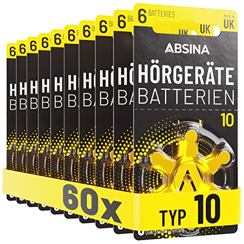 ABSINA Hörgerätebatterien 10 60 Stück mit gut greifbarer Schutzfolie - Hörgeräte Batterien 10 Zink Luft mit 1,45V - Typ 10 Batterien Hörgeräte Gelb - PR70 ZL4 P10 Hörgerätebatterien von ABSINA