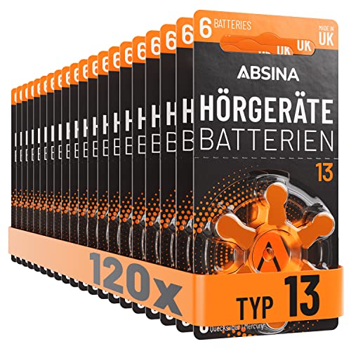 ABSINA Hörgerätebatterien 13 120 Stück mit gut greifbarer Schutzfolie - Hörgeräte Batterien 13 Zink Luft mit 1,45V - Typ 13 Batterien Hörgeräte Orange - PR48 ZL2 P13 Hörgerätebatterien von ABSINA