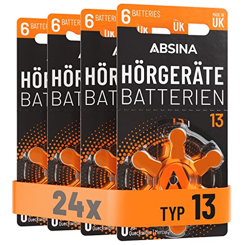 ABSINA Hörgerätebatterien 13 24 Stück mit gut greifbarer Schutzfolie - Hörgeräte Batterien 13 Zink Luft mit 1,45V - Typ 13 Batterien Hörgeräte Orange - PR48 ZL2 P13 Hörgerätebatterien von ABSINA