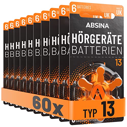 ABSINA Hörgerätebatterien 13 60 Stück mit gut greifbarer Schutzfolie - Hörgeräte Batterien 13 Zink Luft mit 1,45V - Typ 13 Batterien Hörgeräte Orange - PR48 ZL2 P13 Hörgerätebatterien von ABSINA