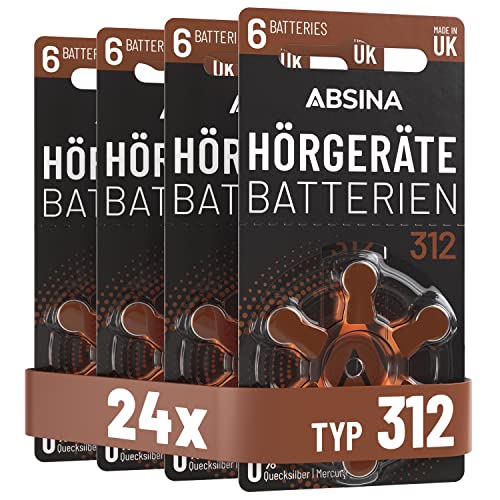ABSINA Hörgerätebatterien 312 24 Stück mit gut greifbarer Schutzfolie - Batterien für Hörgeräte 312 Zink Luft mit 1,45V - Typ 312 Hörgeräte Batterie Braun - PR41 ZL3 P312 Hörgerätebatterien von ABSINA