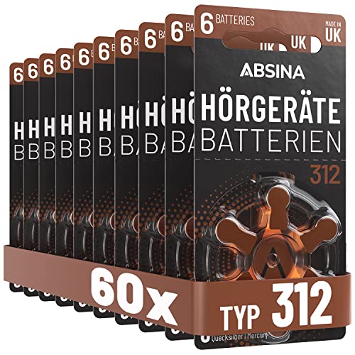 ABSINA Hörgerätebatterien 312 60 Stück mit gut greifbarer Schutzfolie - Batterien für Hörgeräte 312 Zink Luft mit 1,45V - Typ 312 Hörgeräte Batterie Braun - PR41 ZL3 P312 Hörgerätebatterien von ABSINA