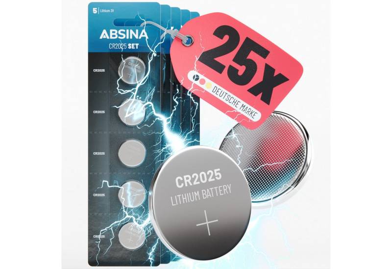 ABSINA Knopfzellen CR2025 25er Pack - CR 2025 Knopfzelle, CR2025 Batterien Knopfzelle, (1 St) von ABSINA