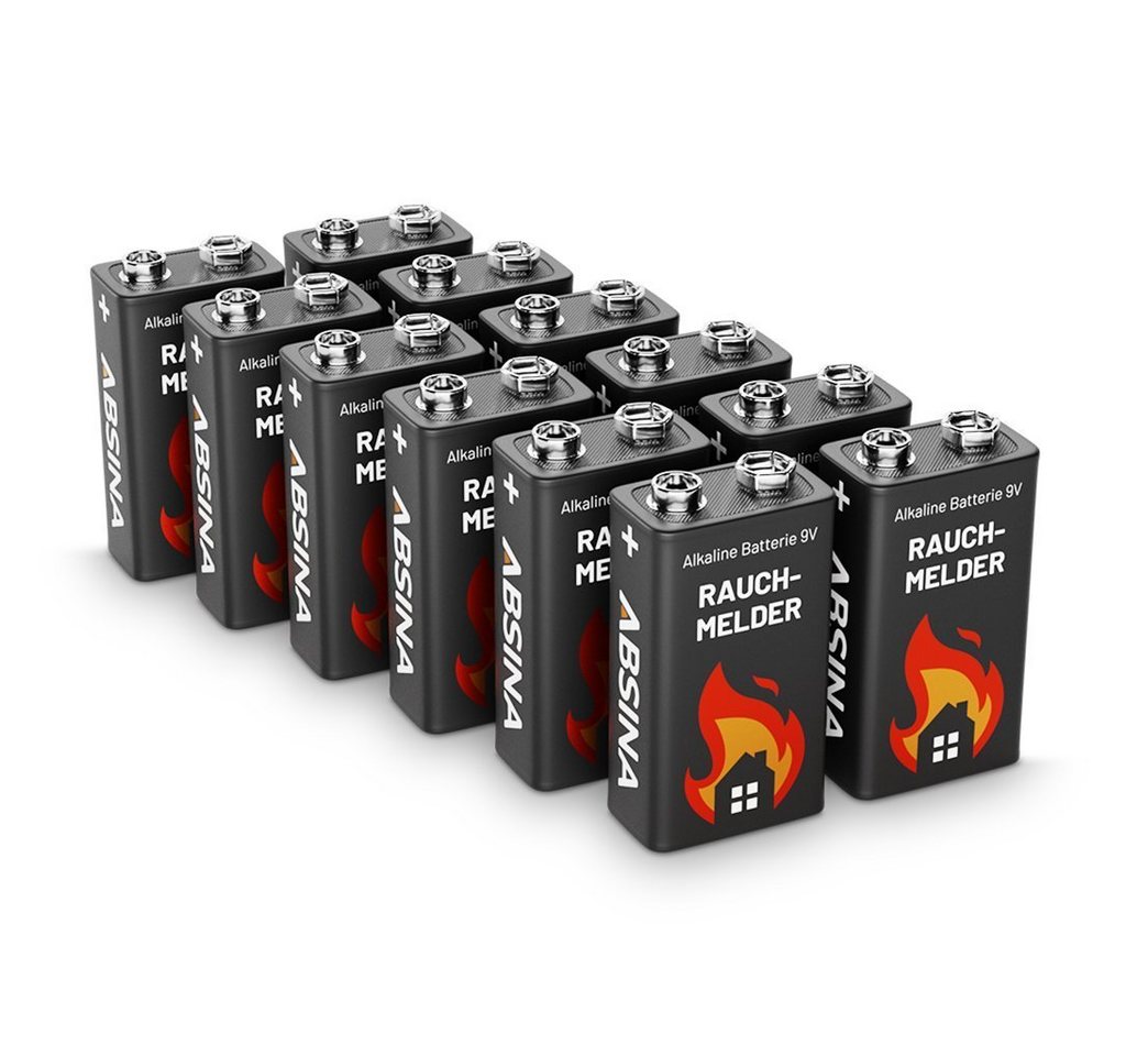ABSINA Rauchmelder Batterie 9V Block - 12er Pack Alkaline 9V Block Batterien langlebig & auslaufsicher - Blockbatterien für Feuermelder, Bewegungsmelder, Kohlenmonoxid, Warnmelder & Rauchwarnmelder Batterie von ABSINA