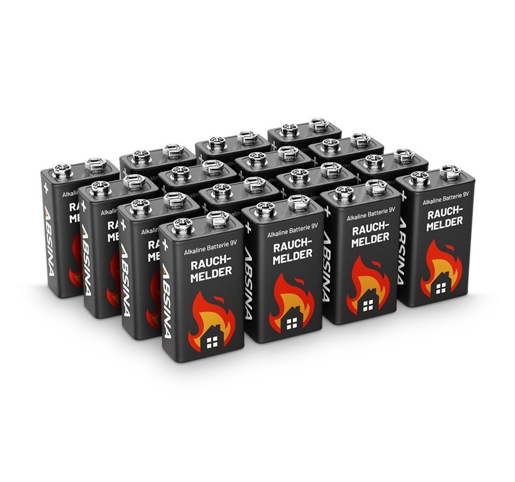 ABSINA Rauchmelder Batterie 9V Block - 16er Pack Alkaline 9V Block Batterien langlebig & auslaufsicher - Blockbatterien für Feuermelder, Bewegungsmelder, Kohlenmonoxid, Warnmelder & Rauchwarnmelder Batterie von ABSINA