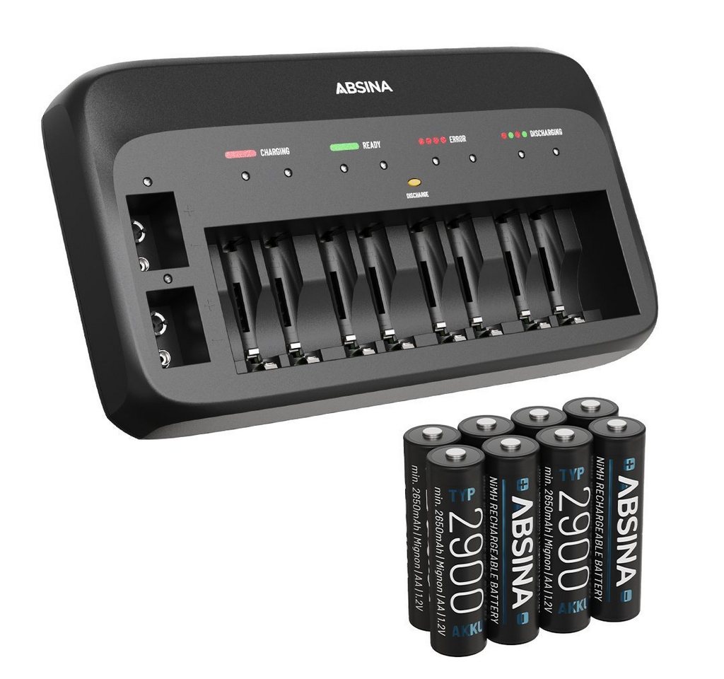 ABSINA X10 Akkuladegerät für AA, AAA & 9V - Batterieladegerät inkl. 8x Akkus Rundzellen-Lader (1-tlg) von ABSINA