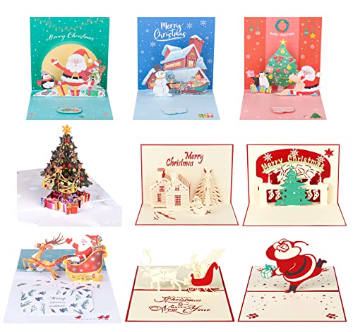 ABSOFINE Weihnachtskarten, 9 Stück 3D Kombinationskarten mit Umschlägen und 2 Nachrichtenkarten, bunte Großpackung Weihnachtsgrußkarten für Urlaub, Neujahr, Familie, Winter von ABSOFINE