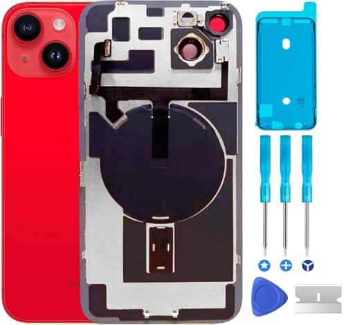 ABUSVEX Original kompatibel mit iPhone 14 Rückglas-Ersatz & mit Platte & Flexkabel und allen Teilen, vorinstallierter Kamerarahmen für iPhone 14 + Reparaturwerkzeuge (rot) von ABUSVEX
