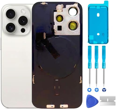 Original 15 Pro Rückglas Ersatz & mit Platte & Flexkabel und allen Teilen, vorinstallierter Kamerarahmen für iPhone 15 Pro + Reparaturwerkzeuge (Weiß) von ABUSVEX