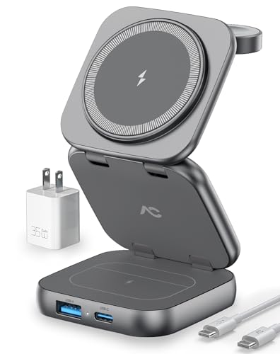 AC Island 5 in 1 iPhone Ladestation kompatibel mit Mag-Safe Ladegerät, Faltbar Reisen Wireless Charger für iPhone 16/15/14/13/12 Series, AirPods Pro, Apple Watch S1-10/Ultra - Gray(Mit 35W Stecker) von AC ISLAND
