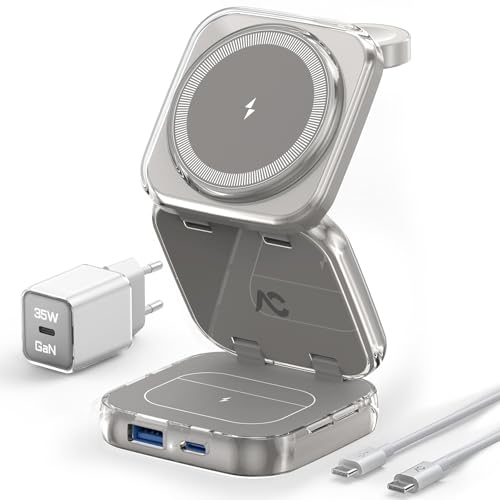Mag-Safe Ladestation, AC Island 5 in 1 Ladestation Apple Watch und iPhone, Faltbar Reisen Wireless Charger für iPhone 16/15/14/13/12 Series, AirPods 4/3/2/Pro, Apple Watch S10-1/Ultra - (Titan Grau) von AC ISLAND