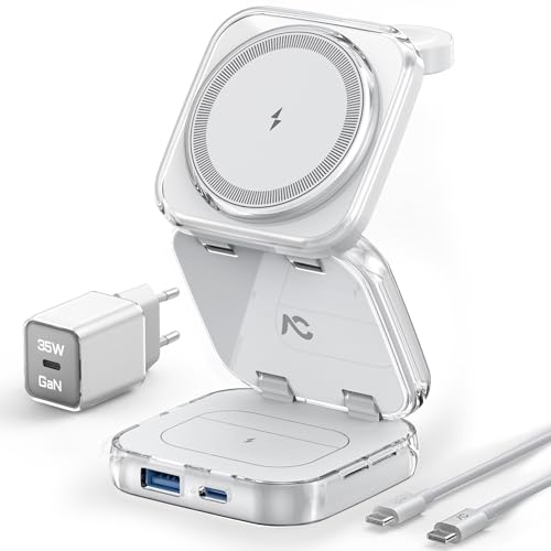 Mag-Safe Ladestation, AC Island 5 in 1 Ladestation Apple Watch und iPhone, Faltbar Reisen Wireless Charger für iPhone 16/15/14/13/12 Series, AirPods 4/3/2/Pro, Apple Watch S10-1/Ultra - (Weiß) von AC ISLAND