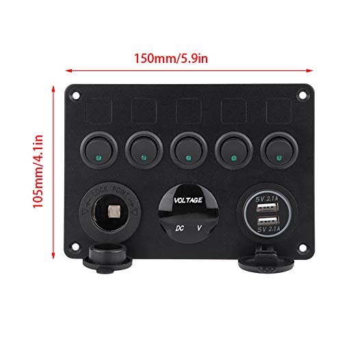 Acagala 12-24 V 5 Bande Ein/Aus-Tippschalter Dual USB Voltmeter für Autoboot Marine Truck (Grünes Licht) von ACAGALA
