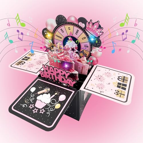 Geburtstagskarte Pop Up mit Lotterie Drehscheibe Musik, 3D Karte Geburtstag mit Lichtern, Explosionsbox mit Umschlag Geburtstagsgeschenk für Frauen Mädchen Party Jubiläum (Englisches Pfund) von ACAREY
