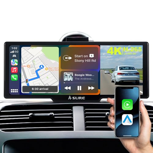 10,26 Zoll CarPlay Bildschirm mit Drahtlosem Carplay Android Auto 4K Dashcam Vorne 1080P Rückfahrkamera Touchscreen Tragbares Autoradio Bluetooth WiFi Mirror Link 64GB TF Karte von ACAVICA