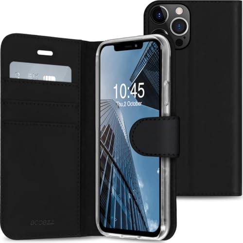 ACCEZZ kompatibel mit iPhone 13 Pro Hülle – Wallet Soft Case Handytasche – Side Flip Handyhülle in Schwarz [3 Kartenfächer, Ständer, Magnetverschluss] von ACCEZZ