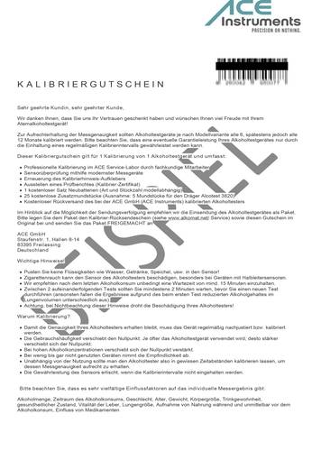 ACE 100082 Kalibrier-Gutschein von ACE