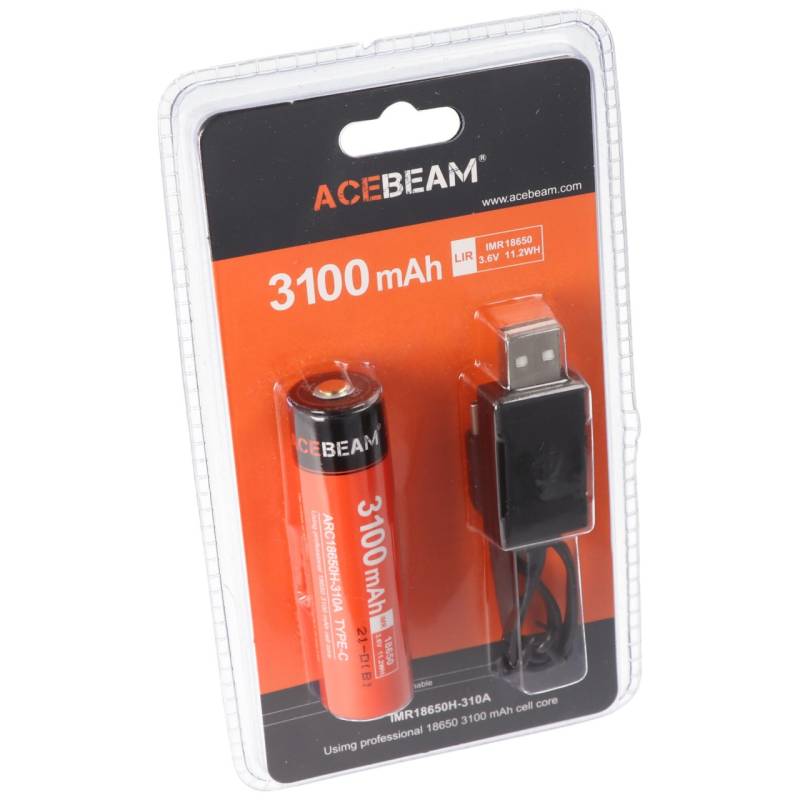 AceBeam 18650 Li-Ion Akku mit USB-C Ladeanschluss, ARC18650H-310A, 3,7V, 3100mAh von ACEBEAM