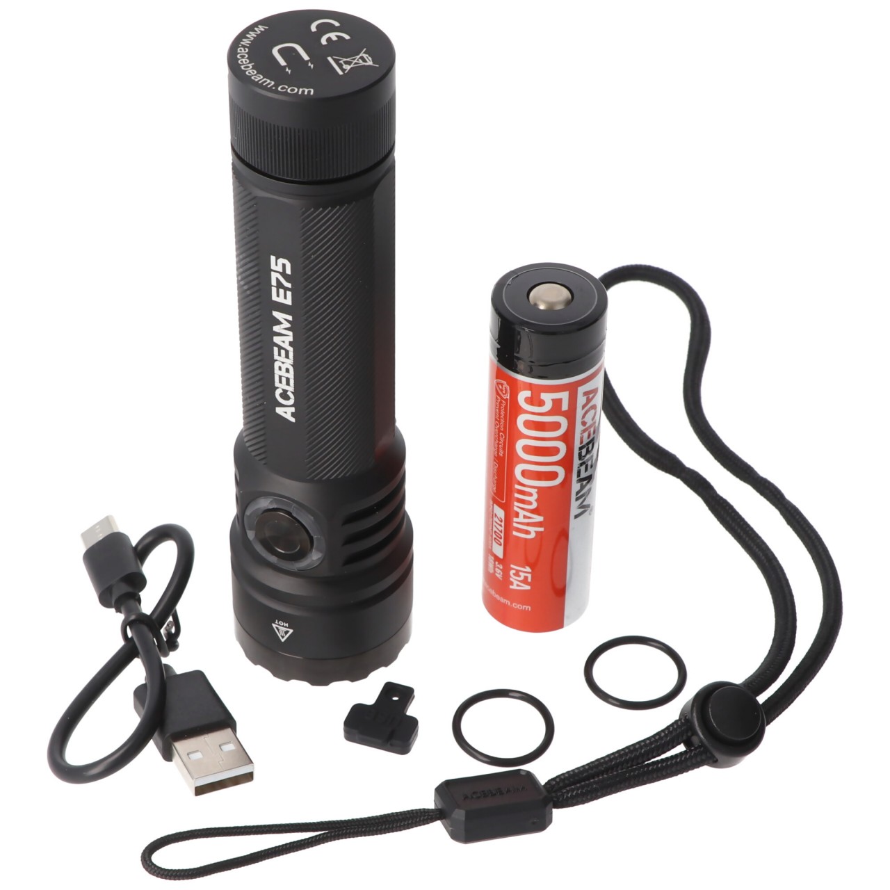 AceBeam E75 Quad Core LED Taschenlampe schwarz, 5.000K, bis zu 3000 Lumen Helligkeit, inklusive 21700 5000mAh Li-Ion Akku von ACEBEAM