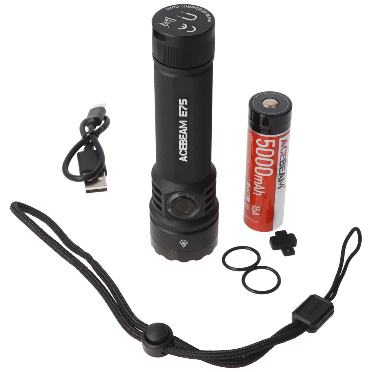 AceBeam E75 Quad Core LED Taschenlampe schwarz, 6.500K, bis zu 4500 Lumen Helligkeit, inklusive 21700 5000mAh Li-Ion Akku von ACEBEAM