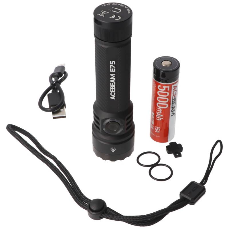 AceBeam E75 Quad Core LED Taschenlampe schwarz, 6.500K, bis zu 4500 Lumen Helligkeit, inklusive 21700 5000mAh Li-Ion Akku von ACEBEAM