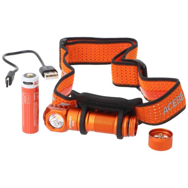 AceBeam H16 LED Stirnlampe mit max. 650 Lumen, 5.000K neutralweiß mit orangenem Gehäuse, inklusive 14500 Li-Ion Akku von ACEBEAM