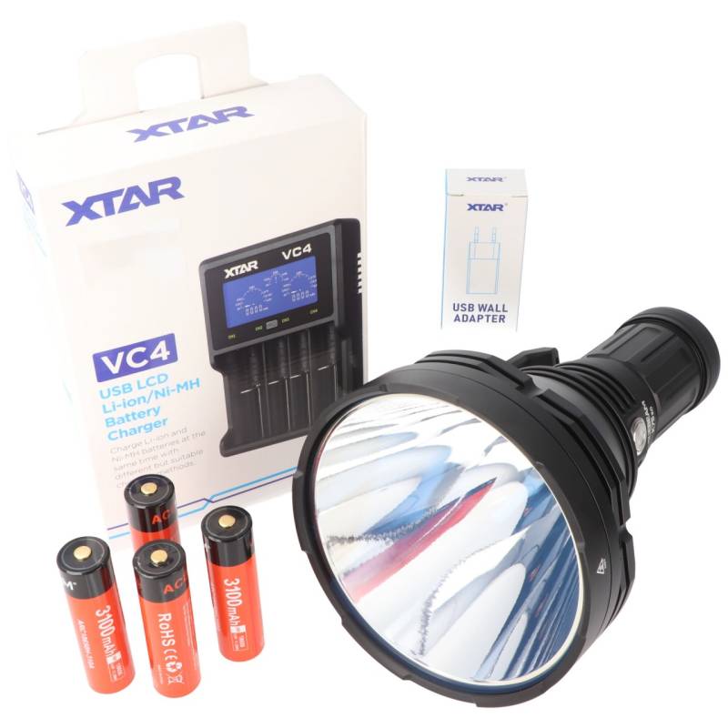 AceBeam K75 2.0 mit weißer LED, 6.300 Lumen und 2.500 Meter Reichweite, mit 4 Akkus, Ladegerät und USB-Schnellladegerät von ACEBEAM