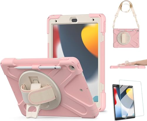 ACEMO Hülle für iPad 9/8/7 Generation (10.2 Zoll), Stoßfeste Robust Panzerhülle mit Displayschutzfolie, 360° Drehbar Ständer, Handschlaufe Schultergurt Schutzhülle für iPad 10.2" 2021/2020/2019 Rosa von ACEMO