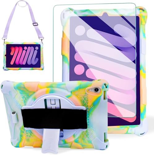 ACEMO Hülle für iPad Mini 6. Generation(8,3 Zoll, Modell 2021), Silikon Stoßfestes Tablet Schutzhülle mit Displatschutzfolie & Schultergurt, 360-Grad-Drehständer Case für iPad Mini 6 von ACEMO