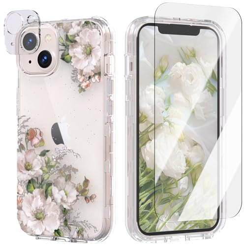 ACKETBOX für iPhone 13/14 Fall, mit Bildschirmschutz & Kamera-Objektiv-Schutz + Ring Halterung, klar stoßfest Bling Fall für Frauen Mädchen(Große weiße Blume) von ACKETBOX