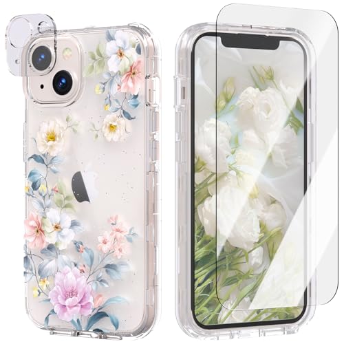 ACKETBOX für iPhone 13/14 Fall, mit Bildschirmschutz & Kamera-Objektiv-Schutz + Ring Halterung, klar stoßfest Bling Fall für Frauen Mädchen(Kleine weiße Blume) von ACKETBOX