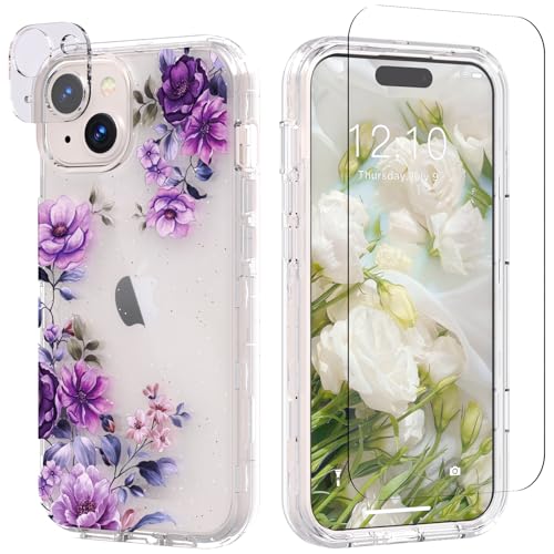 ACKETBOX für iPhone 15 Handyhülle, Blumen Hülle für iPhone 15, mit Kameraschutzfolie & Bildschirmschutzfolie, Klares stoßfestes das Glänzende Element Schutzhülle(Dunkelviolette Blume) von ACKETBOX