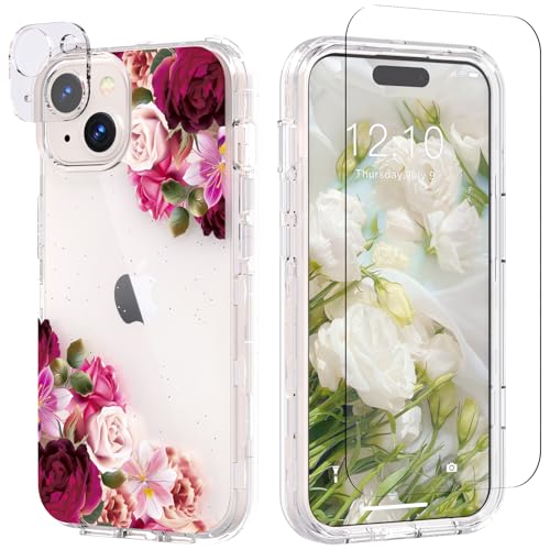 ACKETBOX für iPhone 15 Handyhülle, Blumen Hülle für iPhone 15, mit Kameraschutzfolie & Bildschirmschutzfolie, Klares stoßfestes das Glänzende Element Schutzhülle(Große rote Blume) von ACKETBOX