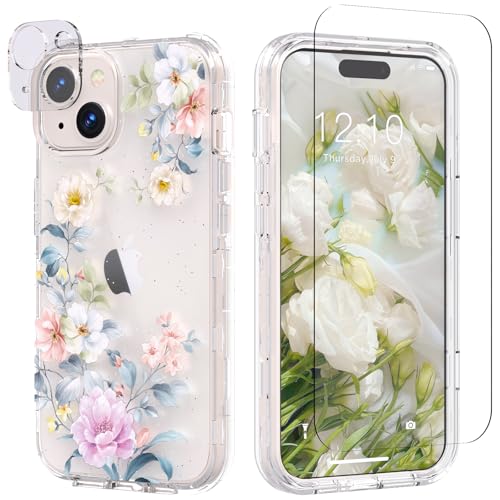ACKETBOX für iPhone 15 Handyhülle, Blumen Hülle für iPhone 15, mit Kameraschutzfolie & Bildschirmschutzfolie, Klares stoßfestes das Glänzende Element Schutzhülle(Kleine weiße Blume) von ACKETBOX