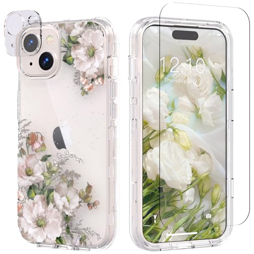 ACKETBOX für iPhone 15 Handyhülle, Blumen Hülle für iPhone 15, mit Kameraschutzfolie & Bildschirmschutzfolie, Klares stoßfestes das Glänzende Element Schutzhülle (Große weiße Blume) von ACKETBOX