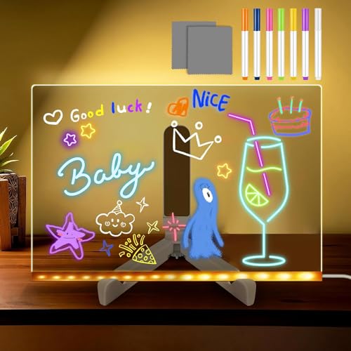 ACMHNC LED Notiztafel mit Farben, Nachrichtentafel mit LED-Leuchten, Transparente Acryl Tafel 20x30cm Notiztafel Abwischbar Drawing light, inkl. 7 Neon-Stifte,kreatives Geschenk für Kinder Freundin von ACMHNC