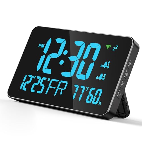 WiFi-Desktop-Uhr-Kalender mit Intelligentem Thermometer-Hygrometer, Digitales LED-Display, Verstellbare Helligkeit von 4 Ebenen, App-Fernansicht, Warnung mit Hoher Temperatur, für zu Hause, (BLUE) von ACOGEDO