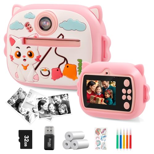 ACOHSY 2025 Kinder Sofortdruckkamera mit 32 GB Karte, 1080P Kinder-Digitalkamera mit 3 Fotopapierrollen, Weihnachtsgeschenk, Spielzeug für Mädchen und Jungen im Alter von 4–12 Jahren (Rosa) von ACOHSY