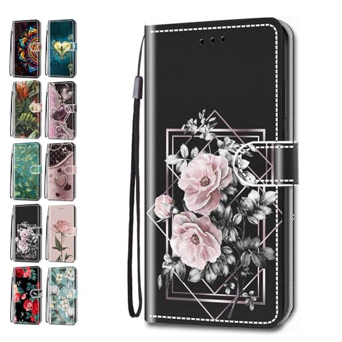 Handyhülle für Samsung Galaxy A34 5G Hülle Muster Herzen Blätter Geblümt Lederhülle Klapphülle Tasche Flip Case Cover Schutzhülle mit Kartenfach Handytasche - Elegante Blumen von ACOVER