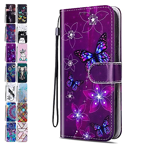 Lederhülle für iPhone 14 Pro 6.1 Hülle Muster Lila Schmetterling Handyhülle Flip Case Cover Schutzhülle mit Kartenfach Handytasche für Mädchen Damen von ACOVER