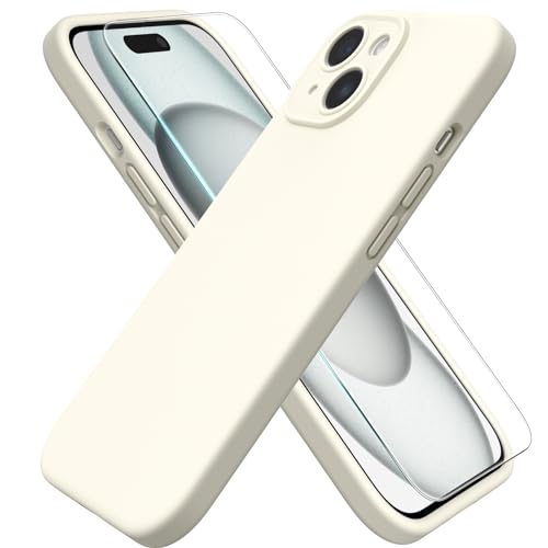 ACRONIX Hülle für iPhone 15(6.1") Liquid Silicone mit Kameraschutz und 1 Blatt Schutzfolie, Ganzkörper-Case, Stoßfeste, Anti-Kratzer Mikrofaser Handyhülle - Beige von ACRONIX