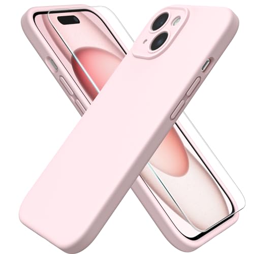 ACRONIX Hülle für iPhone 15(6.1") Liquid Silicone mit Kameraschutz und 1 Blatt Schutzfolie, Ganzkörper-Case, Stoßfeste, Anti-Kratzer Mikrofaser Handyhülle - Grau-rosa von ACRONIX