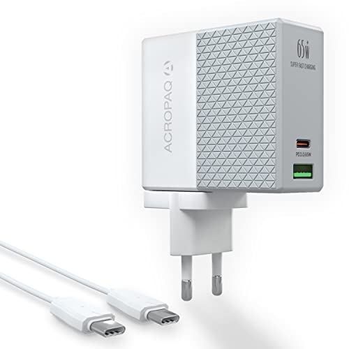 ACROPAQ - 2-in-1 65 W Ultra Schnellladegerät USB C mit Kabel - 65 Watt USB-Ladegerät, PD & QC 3.0 USB (2 Ports), mit Kabel (C zu C), schnelles Laden MacBook, Notebooks, Nintendo Switch, Smartphones von ACROPAQ