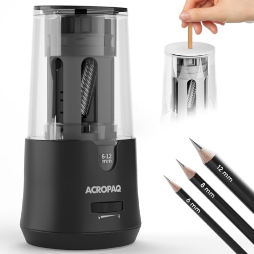 ACROPAQ Elektrischer Anspitzer für Dicke und Dünne Stifte - Für 6-12 mm Bleistifte, Scharf und Stumpfe Spitze, Spitzt in 3–5 Sekunden, Plug-In, Schwarz - Elektrischer Spitzer, Spitzer Elektrisch von ACROPAQ